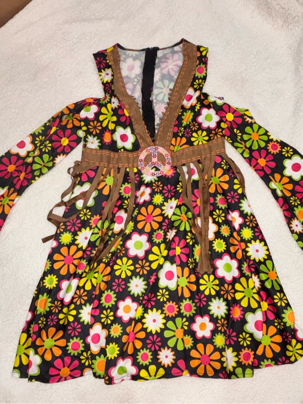 Floral Hippie Costume Dress - Black with Multicolor Flowers Size Medium.